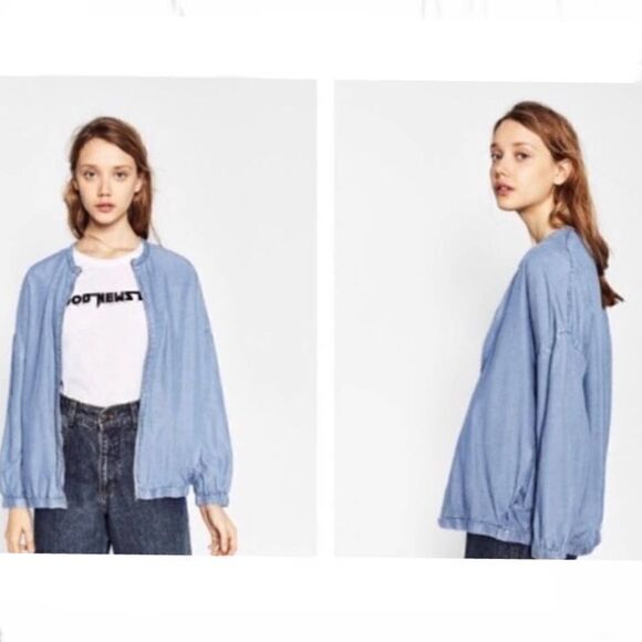Zara Trafaluc Denim-Wear Chambray Zip Bomber Jacket Size Small - Picture 2 of 13